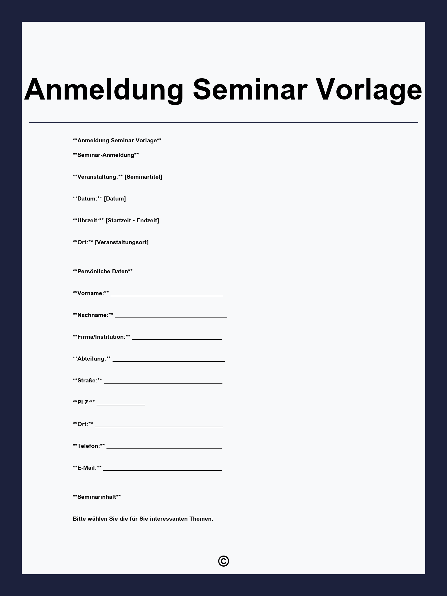 Anmeldung Seminar Vorlage
