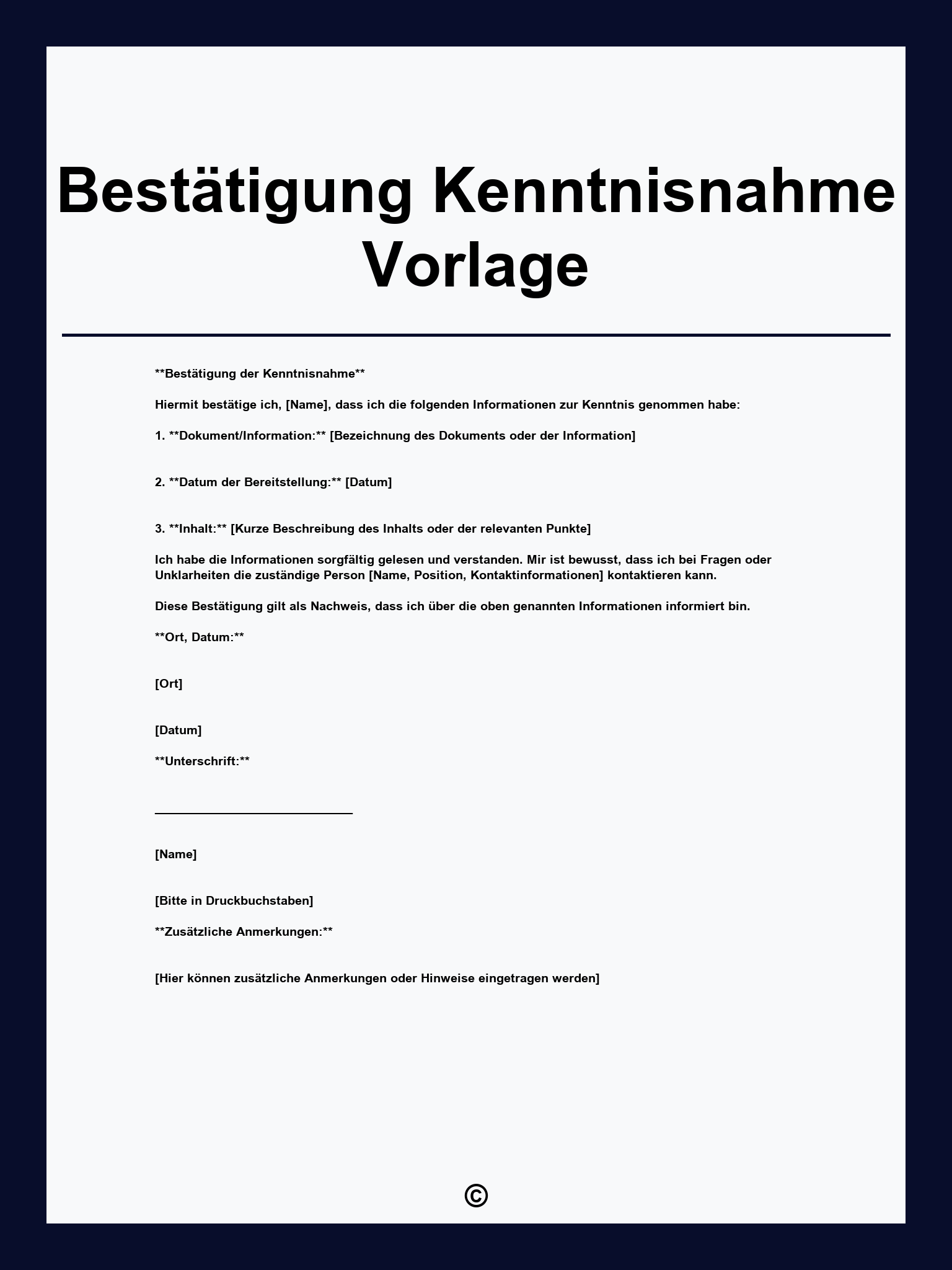 Bestätigung Kenntnisnahme Vorlage