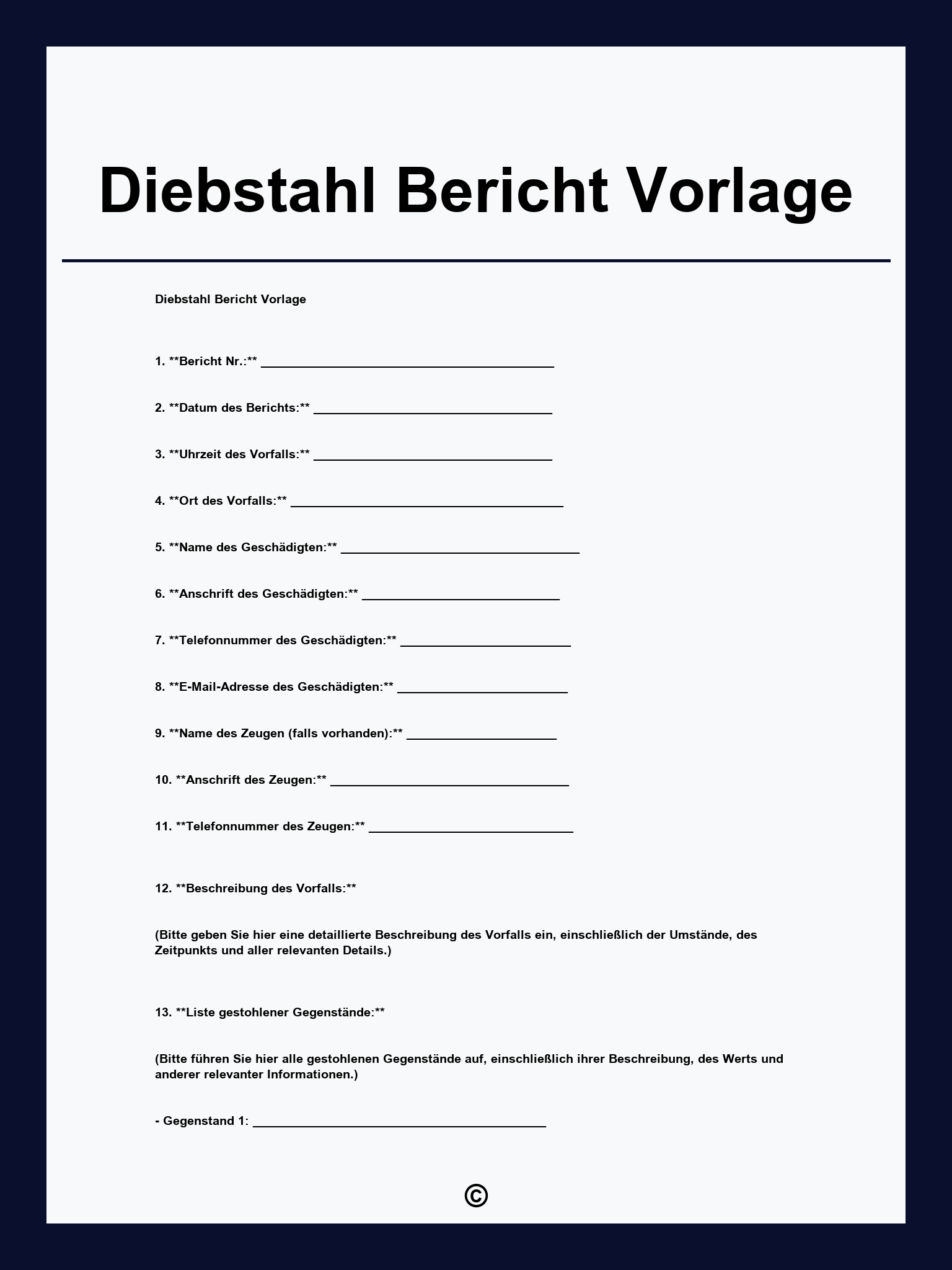 Diebstahl Bericht Vorlage