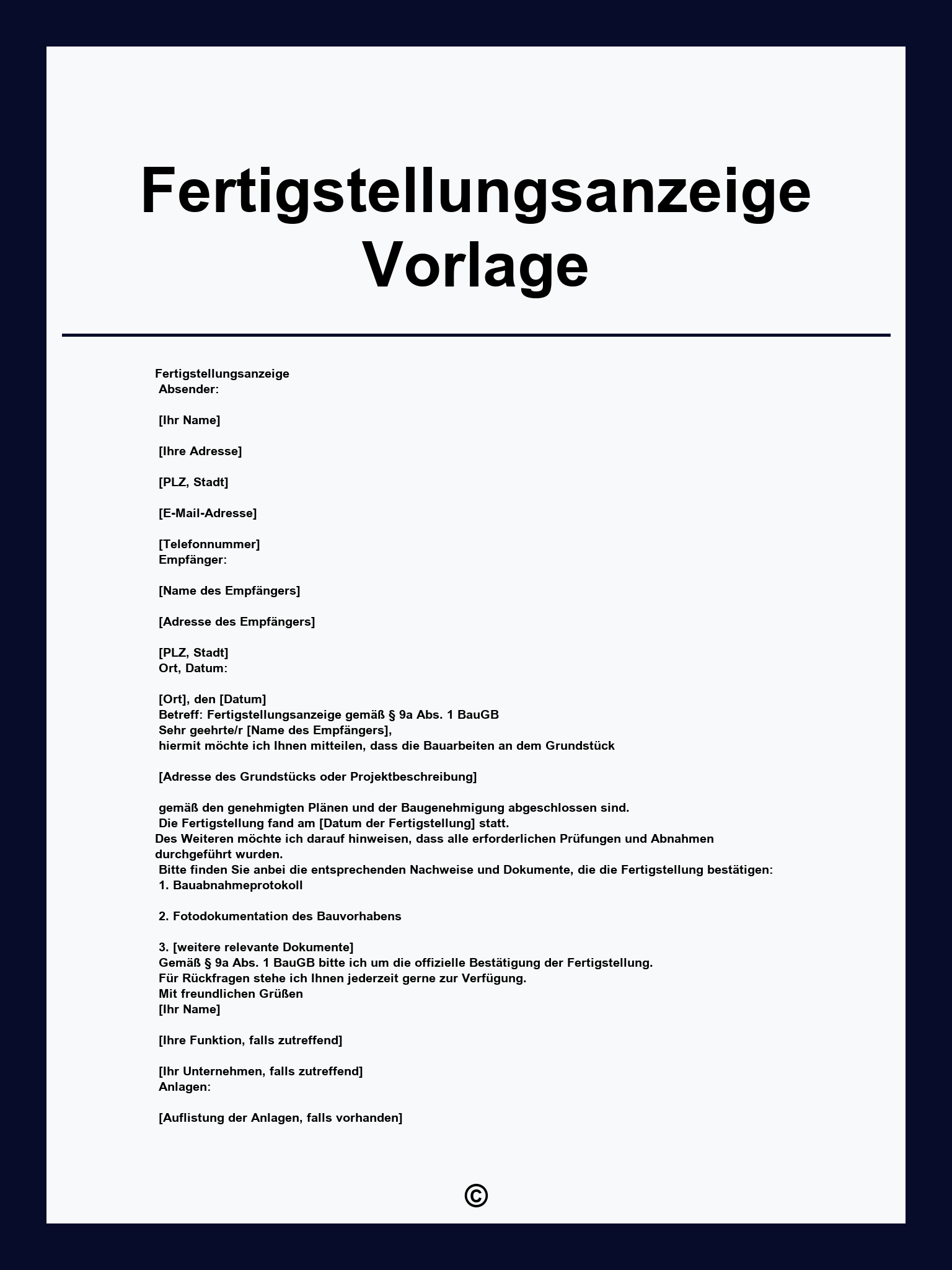 Fertigstellungsanzeige Vorlage