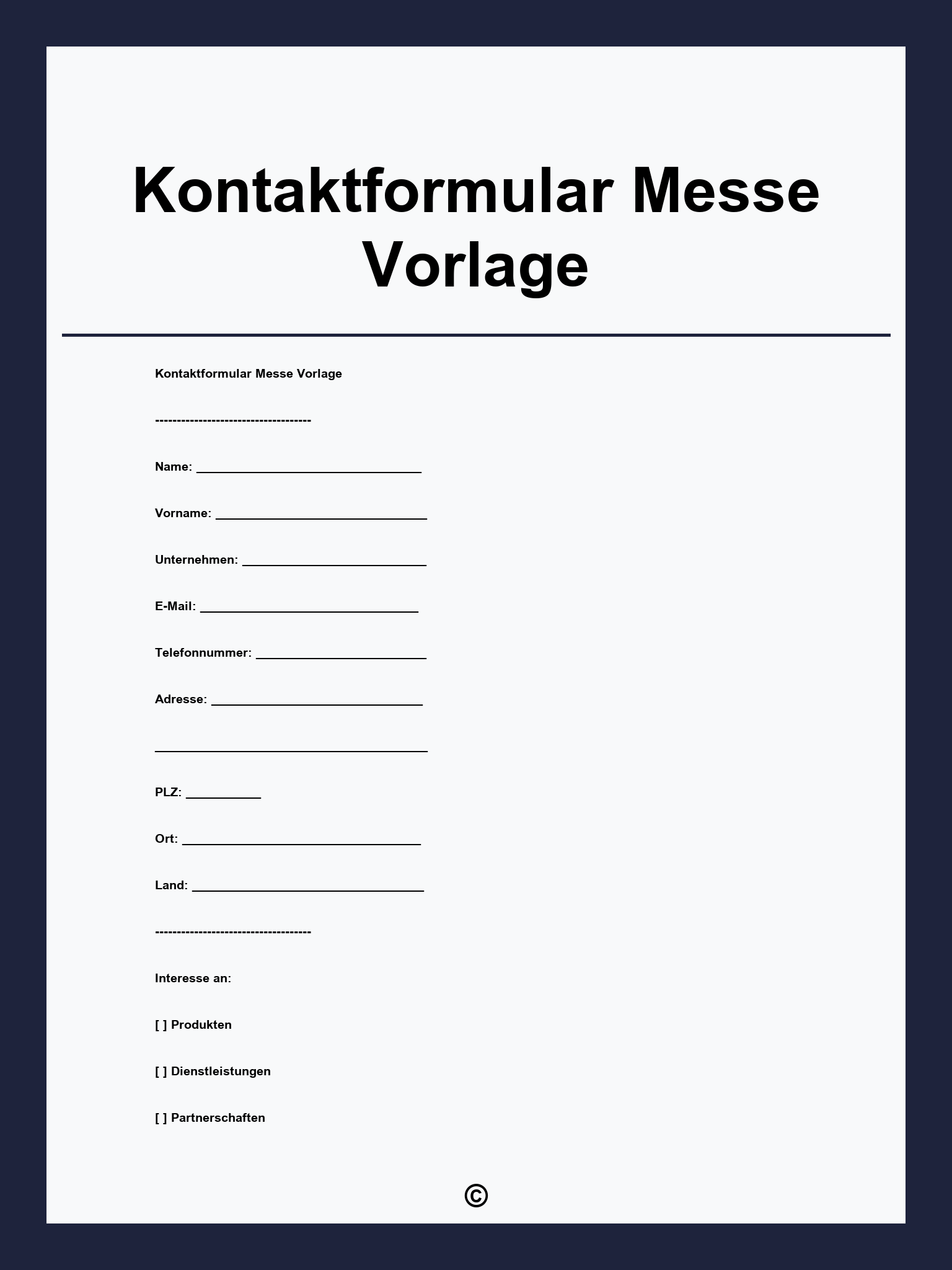 Kontaktformular Messe Vorlage