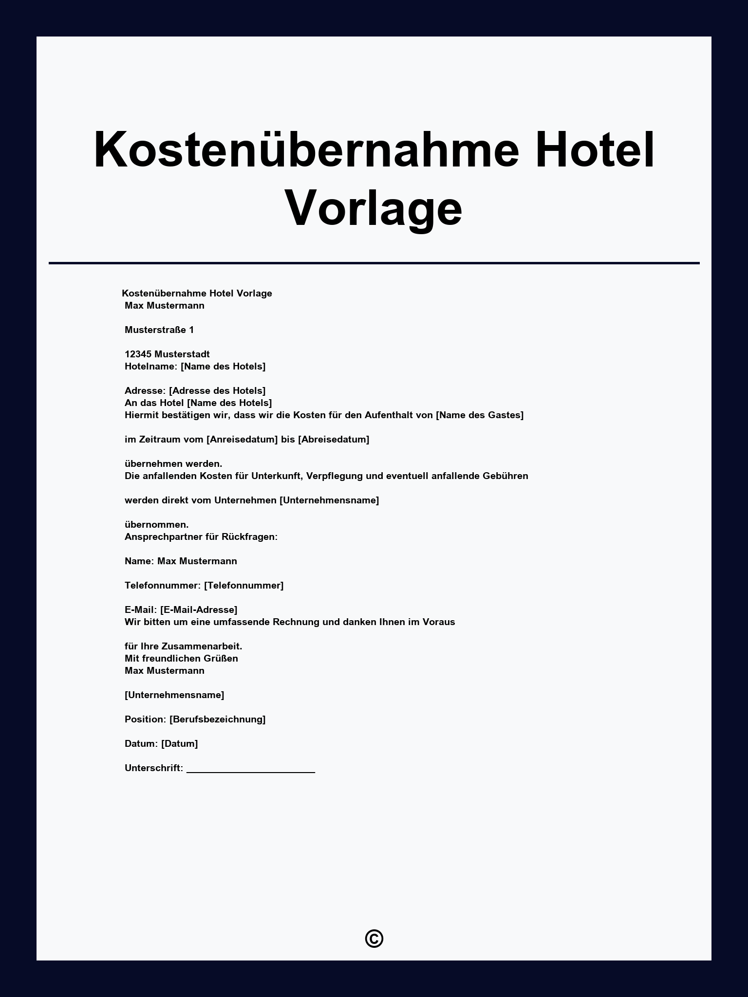 Kostenübernahme Hotel Vorlage