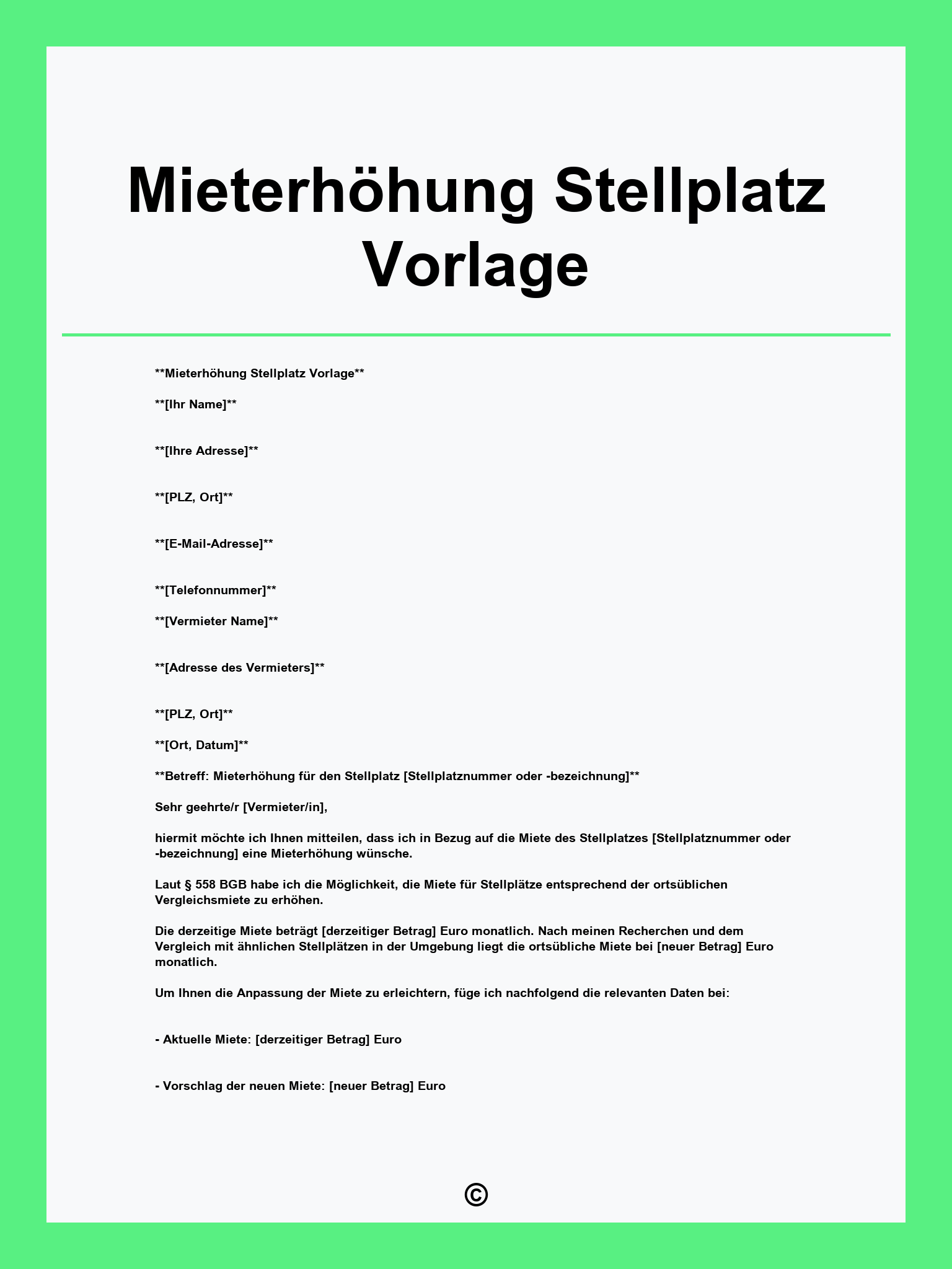Mieterhöhung Stellplatz Vorlage