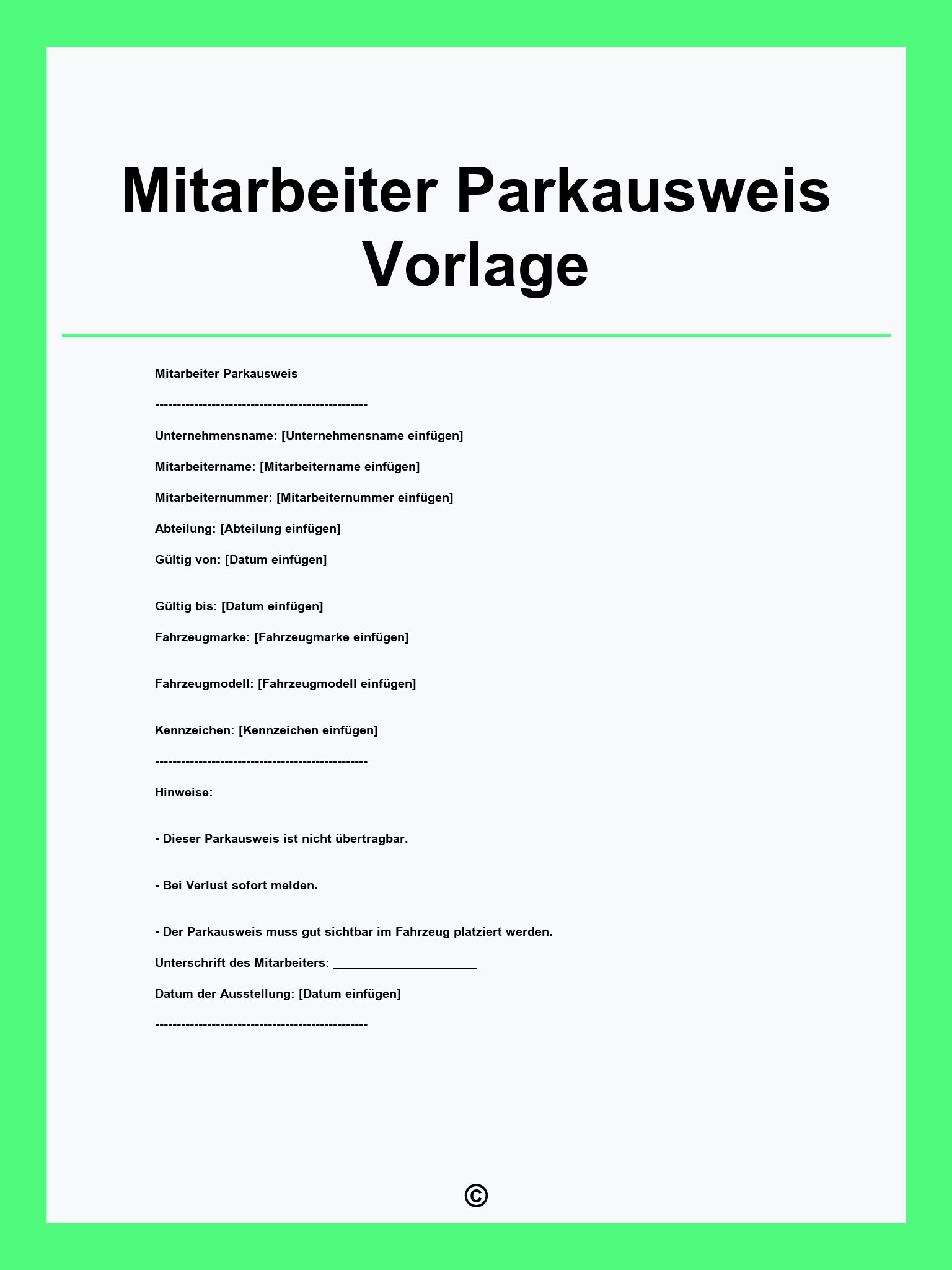 Mitarbeiter Parkausweis Vorlage