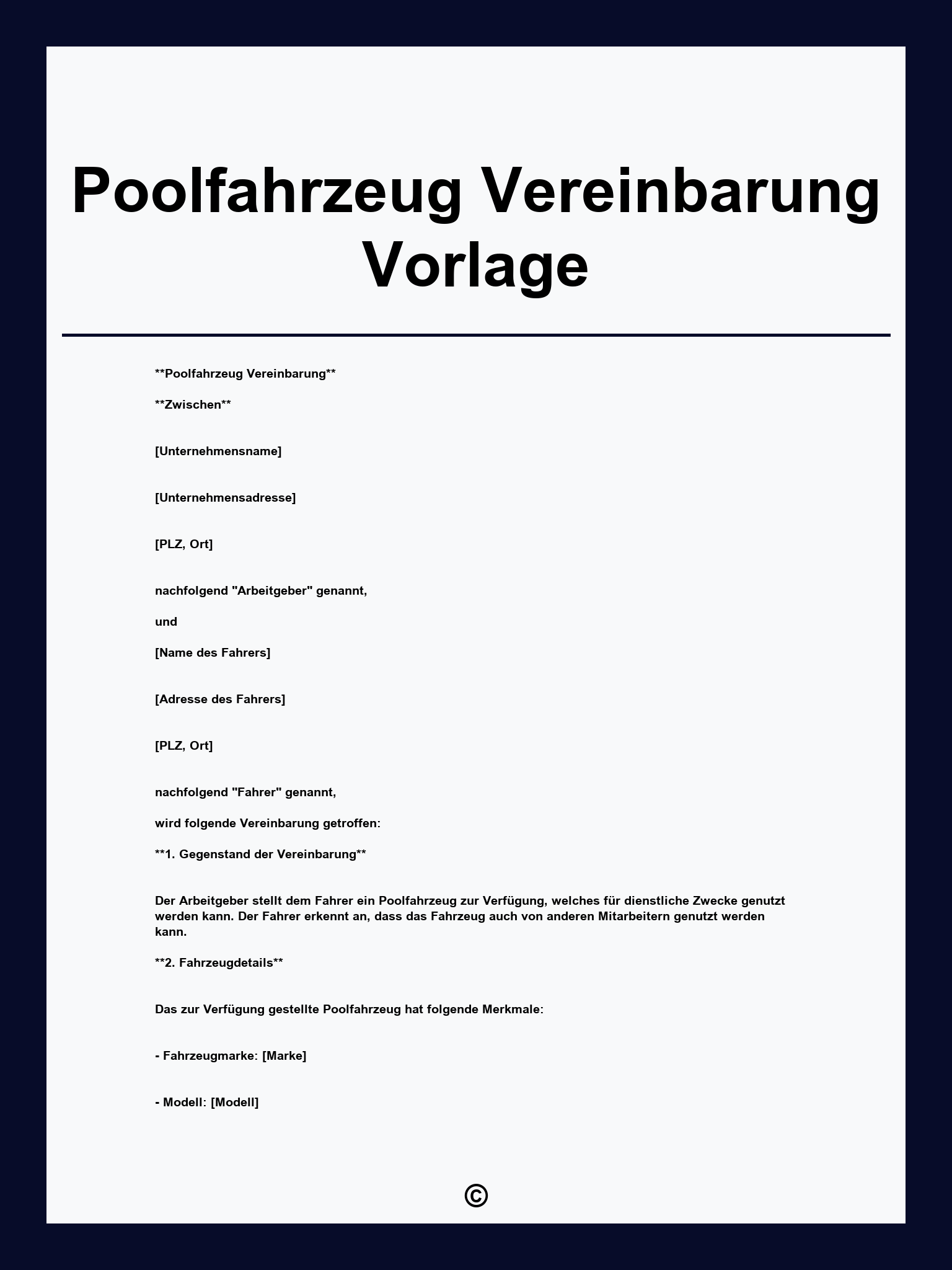 Poolfahrzeug Vereinbarung Vorlage
