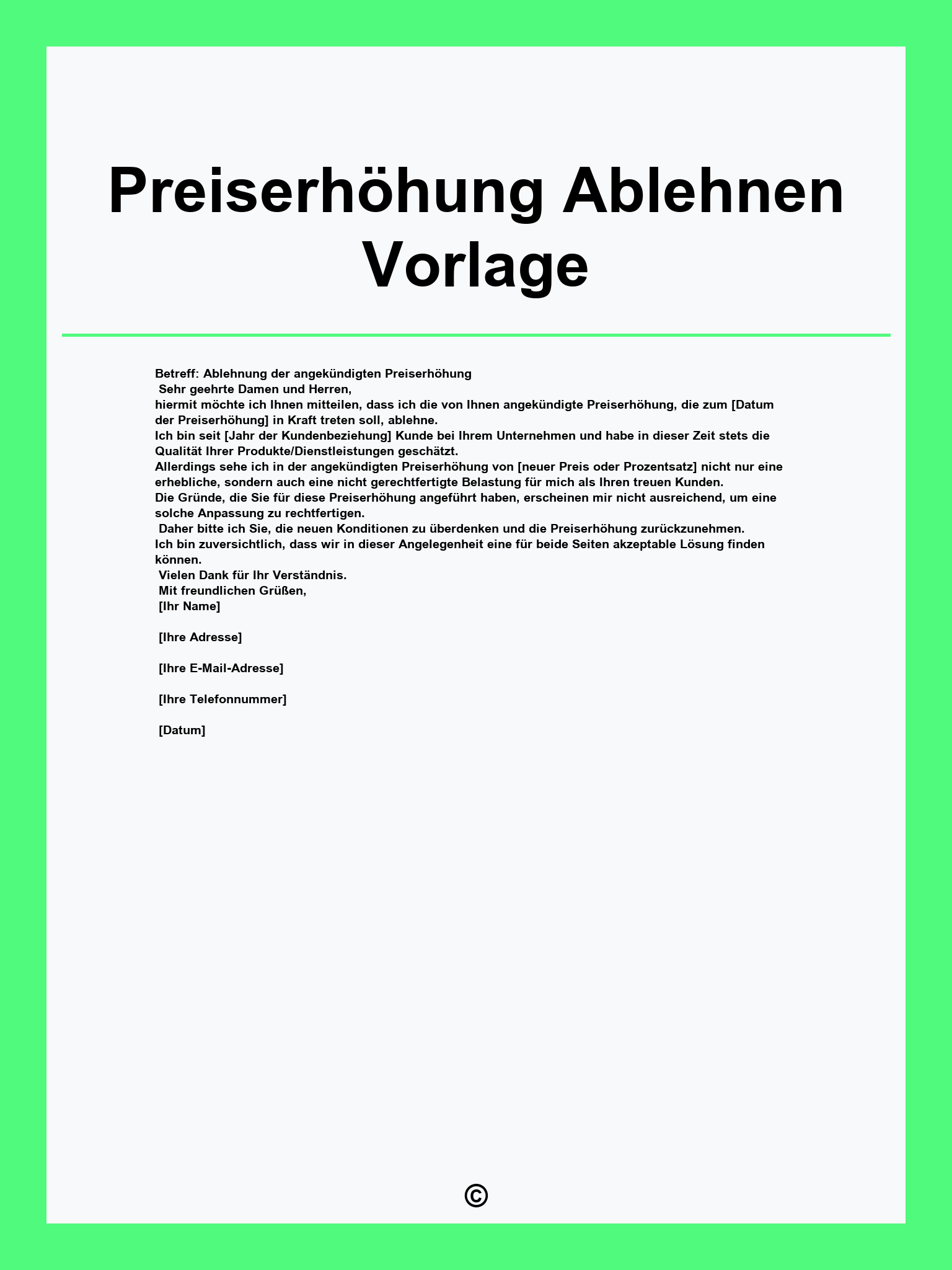 Preiserhöhung Ablehnen Vorlage
