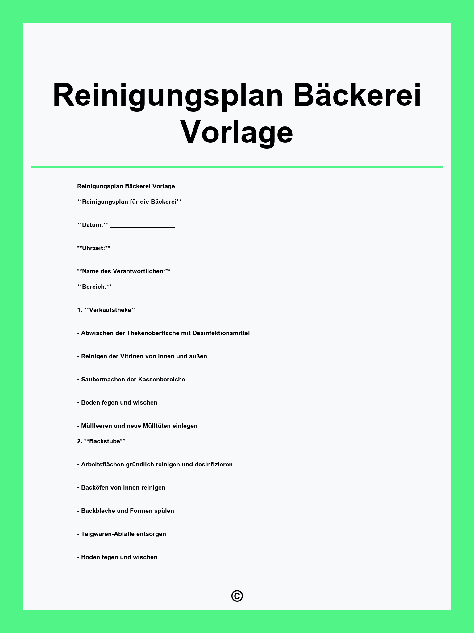 Reinigungsplan Bäckerei Vorlage